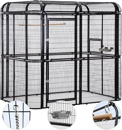 Large Walk-in Cage 87-inch Heavy Duty Bird Cage Outdoor Aviary Parrot Cage Wide Flight Metal Birdcage with Stand for Macaw Budgie Conure Lovebird Parakeet Cockatiel, 7.22x5.25x6.8ft, Black