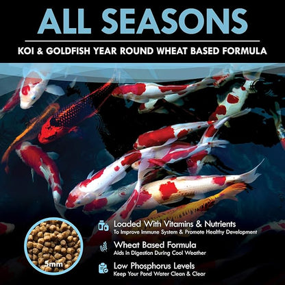 HALF OFF PONDS All Seasons Koi Fish Food - 50 lb Floating Pellets, 5mm Size - Goldfish Food for Ponds - 28% Protein with Wheat Germ & Vitamins - Ideal for Year-Round Feeding & Water Clarity
