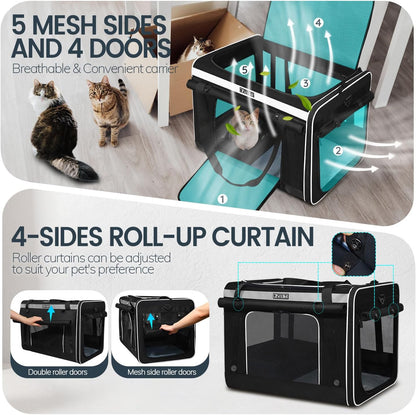 Petskd Extra Large Cat Carrier with Wheels and Litter Box, 24"x17"x17" Rolling Soft Carrier Until 55LBS Pets with 5 Breathable Mesh Windows and Locking Zippers for Long Distance Car Travel(Black)