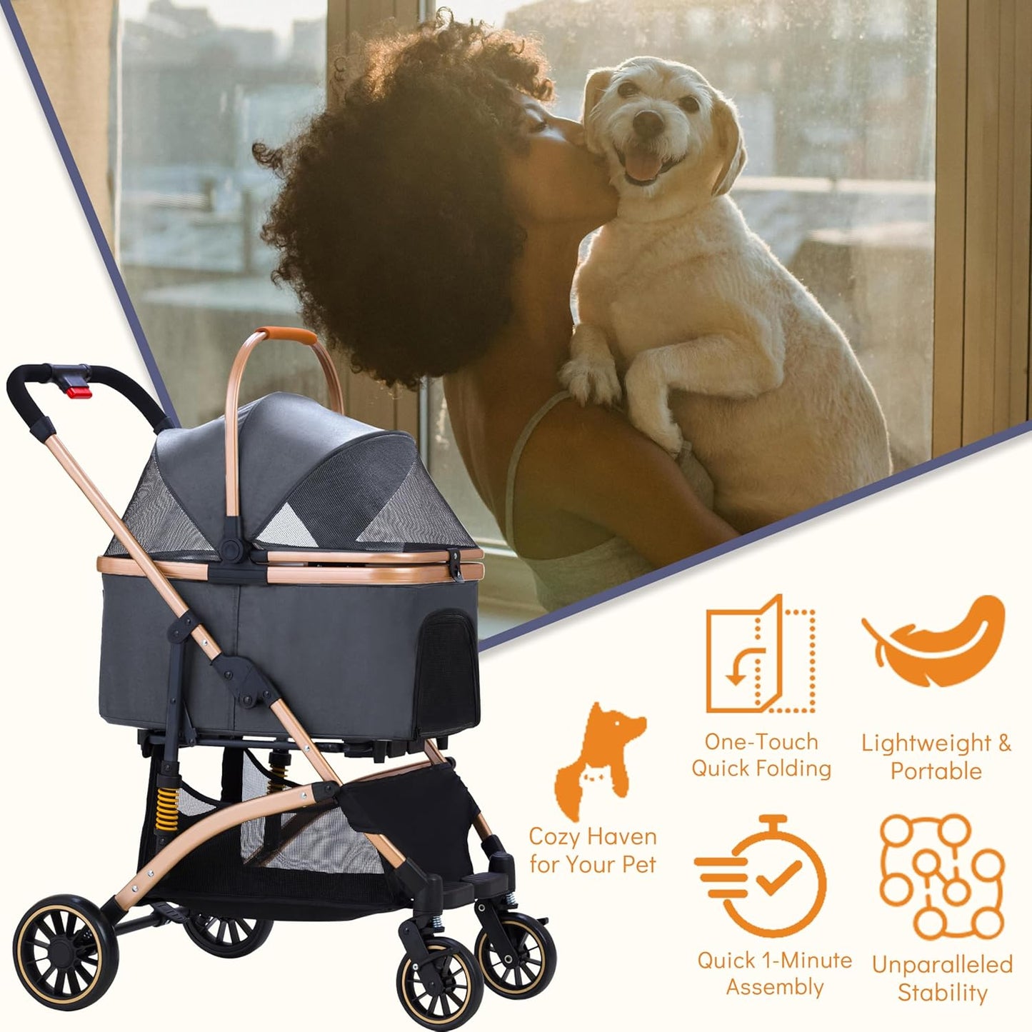 Pet Stroller for Small Medium Dogs, Lightweight Small Dog Stroller for Dogs Cats with 6 Shock Absorption System, Detachable Carrier Suitable for Car Seat & Hand Carry, Safe Outings, Gray