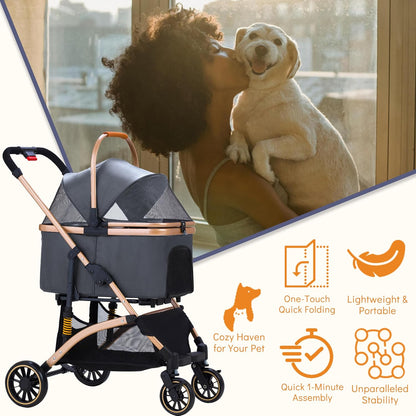 Pet Stroller for Small Medium Dogs, Lightweight Small Dog Stroller for Dogs Cats with 6 Shock Absorption System, Detachable Carrier Suitable for Car Seat & Hand Carry, Safe Outings, Gray