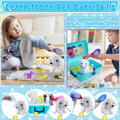 TEUVO Pet Care Playset, 16Pcs Kids Doctor Kit with Plush Dog & Backpack for Dog Grooming & Feeding, Pet Doctor Pretend Play Toys for 3 4 5 6 7 Years Old Girls Boys Birthday