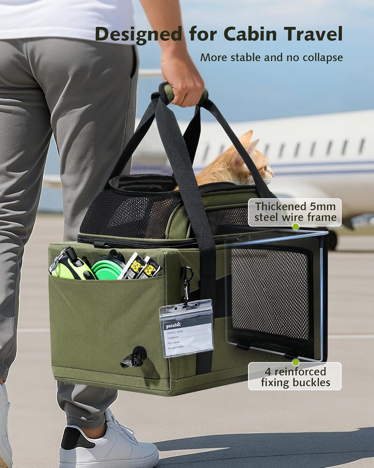 Pecute Expandable Pet Carrier Airline Approved Dog Cat Carrier, Breathable Soft-Sided with Locking Zippers, Pet Travel Bag for Small Dog Cat Leakproof Pee Pad (Dark Green)