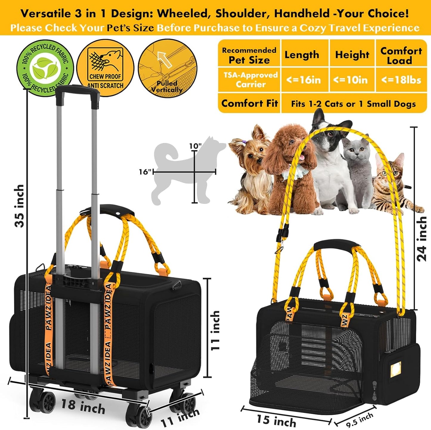 PAWZIDEA Expandable Pet Carrier with Wheels, 18"x11"x11" TSA Airline Approved Cat Carrier for 2 Cats Under Seat, Soft-Sided Dog Carrier for Small Dogs Rolling Travel Bag w/Telescopic Handle, ID Card