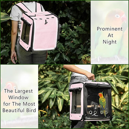 Suertree Bird Carrier with Seat Belt for Car Travel, Bird Backpack Carrier with Indestructible Stainless Steel Mesh, Large Bird Carrier Travel Cage, Pink