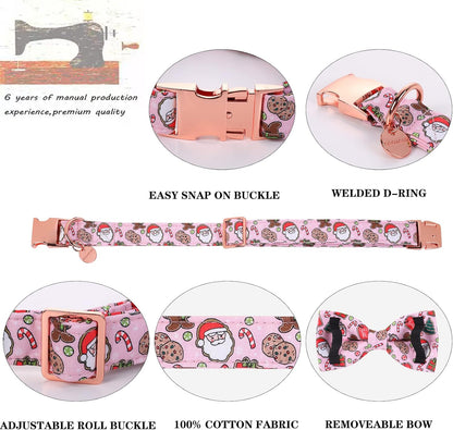 DOGWONG Christmas Dog Collar with Sailor Bow, Pink Santa Claus Dog Collar Soft Durable Adjustable Cotton Cute Girl Puppy Collar for Small Medium Large Dog