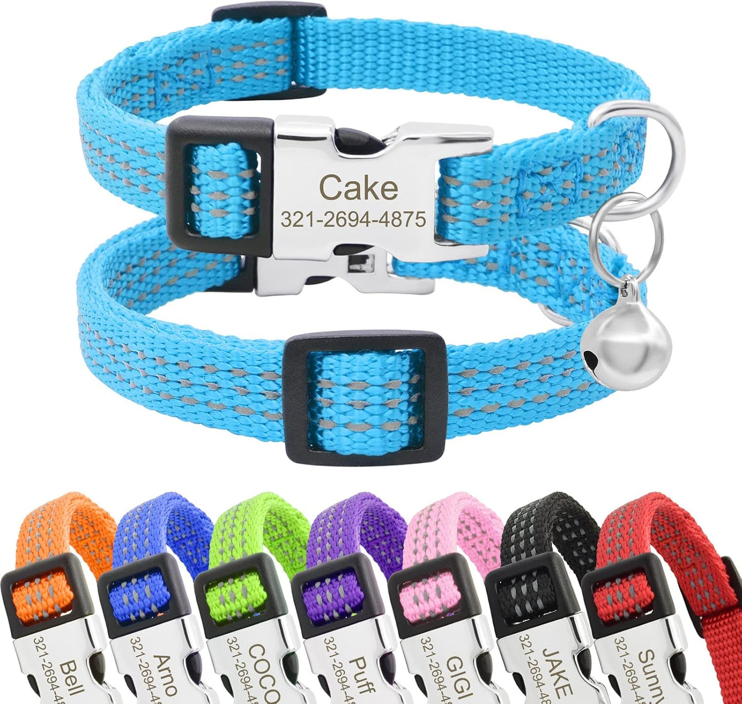 Personalized Reflective Nylon Cat Collar with Name Phone,Custom Engraved Buckle Cat Collar with Bell,Adjustable for Small Dogs Puppy Kitten (Light Blue,fit 7.5''-12.0'')