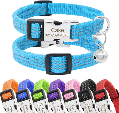 Personalized Reflective Nylon Cat Collar with Name Phone,Custom Engraved Buckle Cat Collar with Bell,Adjustable for Small Dogs Puppy Kitten (Light Blue,fit 7.5''-12.0'')