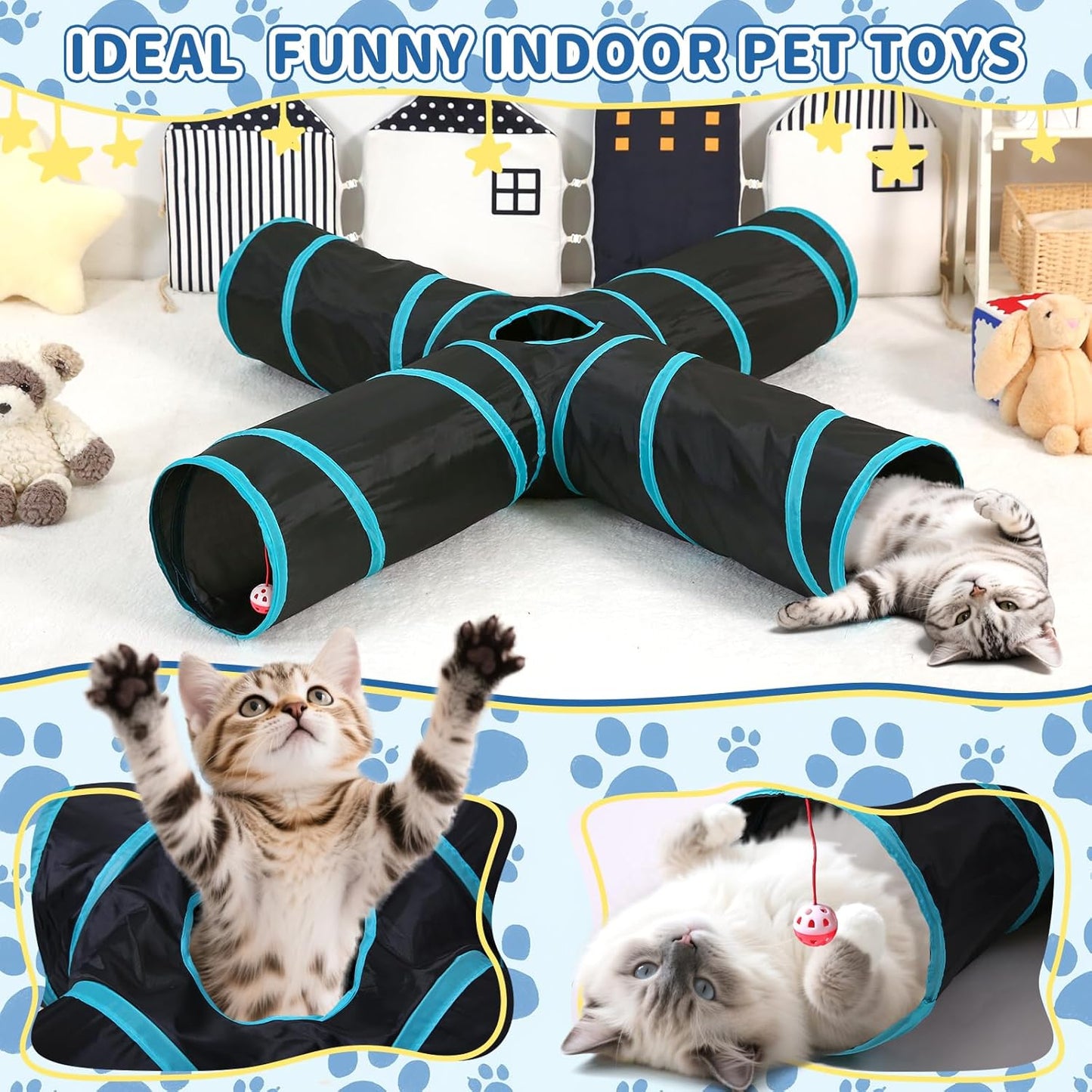 Pet Cat Tunnel, 4-Way Junction Tunnels for Indoor Cats, Collapsible Pet Tunnel for Kitten, Puppy, Rabbit, 25cm-Wide Tunnels, Durable & Breathable, with Peek Hole Toy Ball