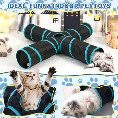 Pet Cat Tunnel, 4-Way Junction Tunnels for Indoor Cats, Collapsible Pet Tunnel for Kitten, Puppy, Rabbit, 25cm-Wide Tunnels, Durable & Breathable, with Peek Hole Toy Ball