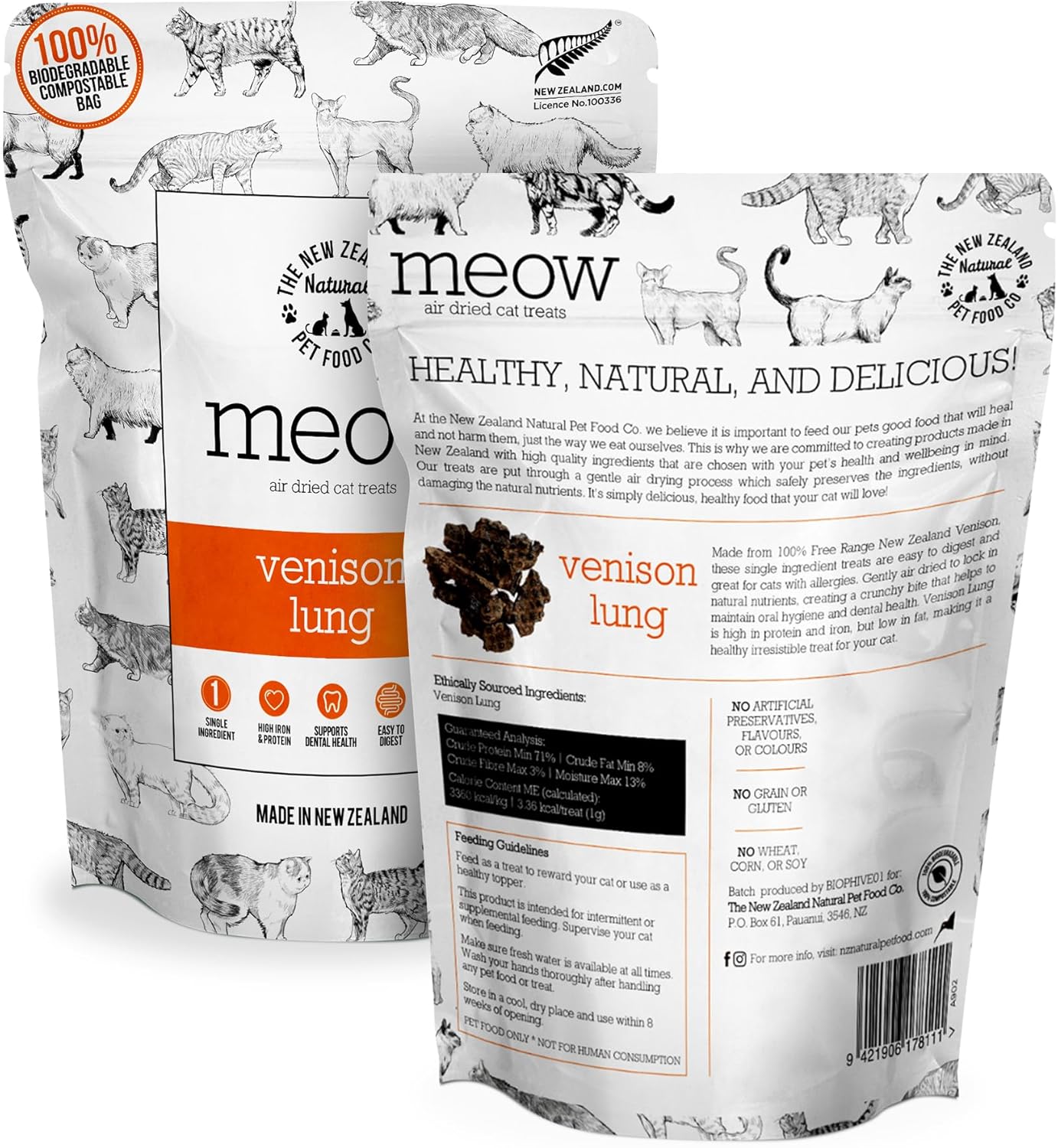 The New Zealand Natural Pet Food Co Meow Air Dried Cat Treats - Venison Lung, High Protein, Healthy Cat Snacks and Toppers, All Natural for All Life Stages, 1.76 oz