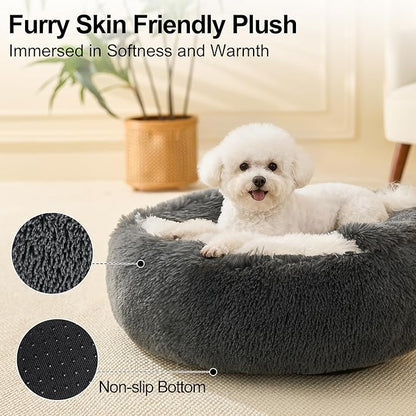 Calming Dog Beds & Cat Cave Bed with Hooded Cover,Removable Washable Round Beds for Small Medium Pets,Anti-Slip Faux Fur Fluffy Coved Bed for Improved Sleep,Fits up to 15/25 lbs(Dark Grey,24"x24")