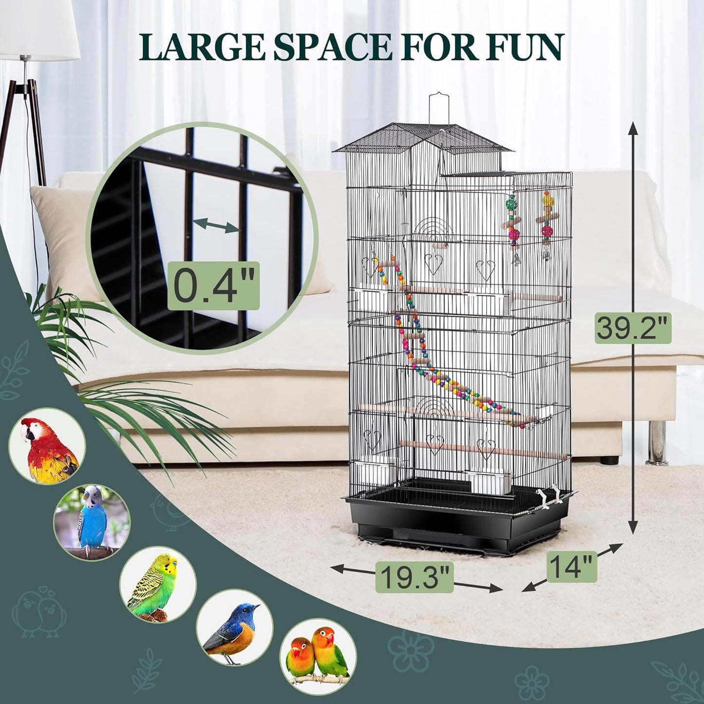 ZENY 39-inch Roof Top Large Flight Parrot Bird Cage for Small Quaker Cockatiel Canary Sun Parakeet Green Cheek Finch Budgie Lovebirds Wrought Iron Pet Bird Cage w/Toys