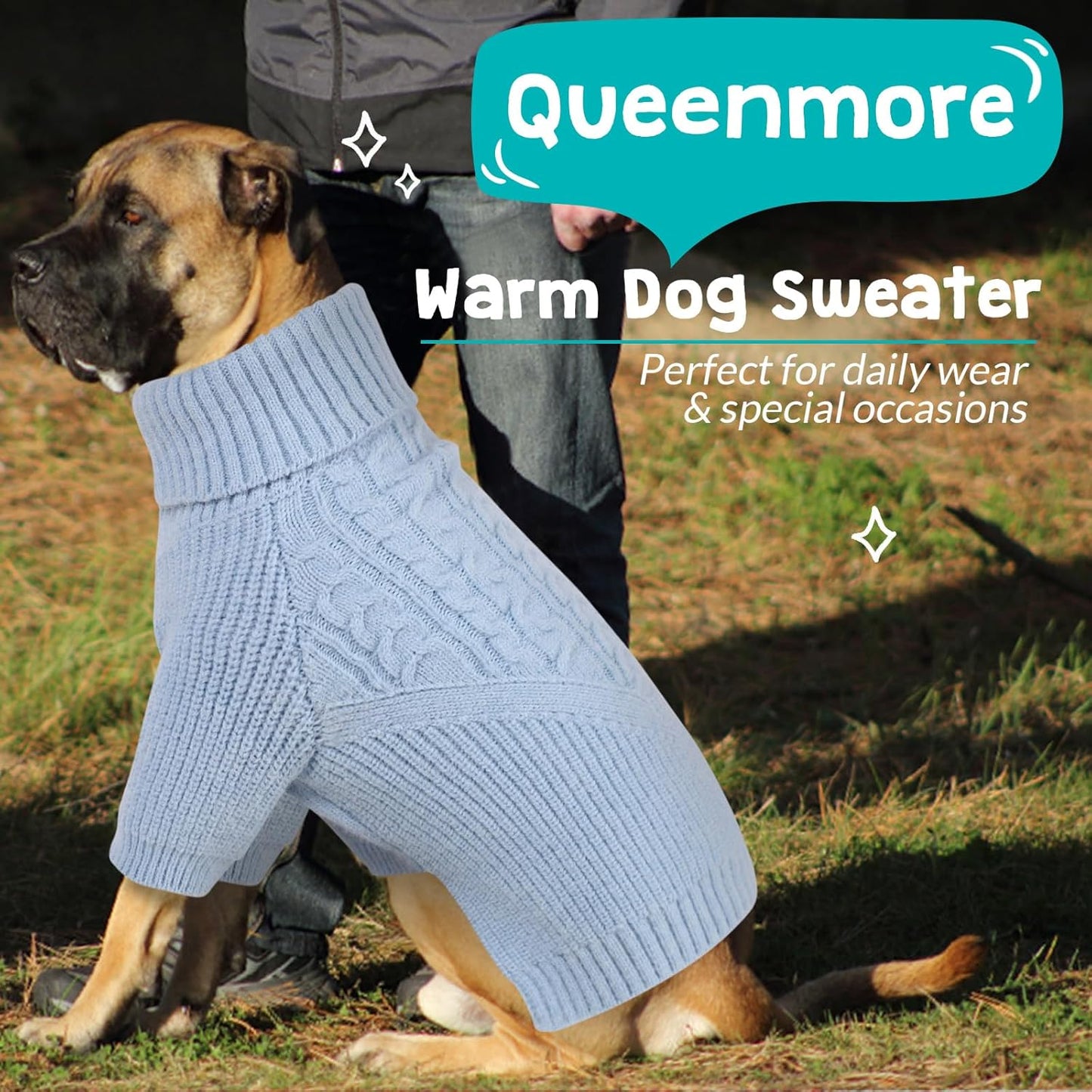Queenmore Dog Sweater - Warm Winter Fall Turtleneck Knit for Small, Medium, Large Puppies - Long Sleeves Christmas Sweater for Girls Boys - Blue, XL