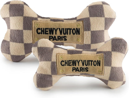 Haute Diggity Dog Checker Chewy Vuiton Bone, Plush Designer Dog Toys with Interactive Squeaker, Stimulating Pet Enrichment, Machine-Washable & Safe Materials for All Breeds, Size Medium