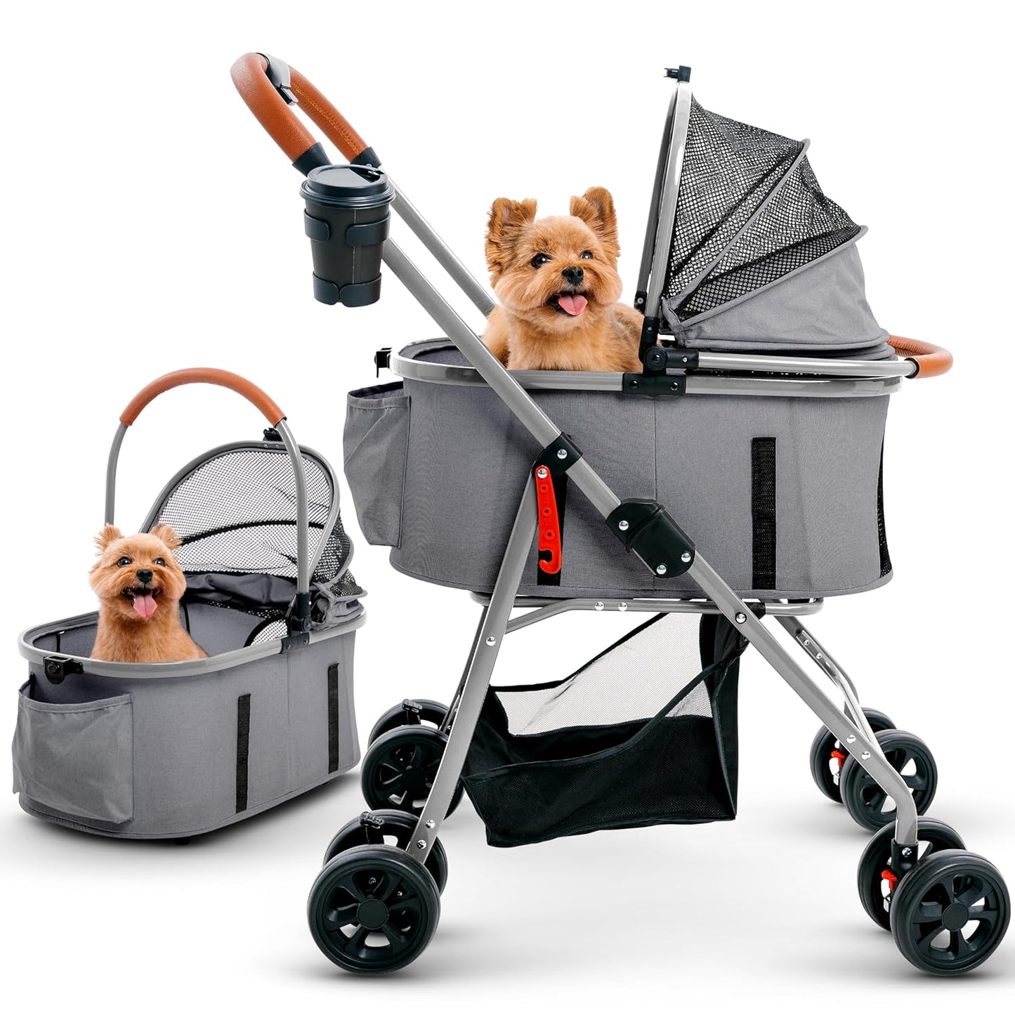 Pet Stroller for Small Medium Dogs & Cats – 2-in-1 Detachable Carrier, Zipperless Entry, Lightweight Folding Travel Stroller with Storage Basket, Cup Holder, Gray