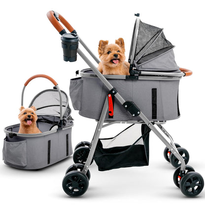 Pet Stroller for Small Medium Dogs & Cats – 2-in-1 Detachable Carrier, Zipperless Entry, Lightweight Folding Travel Stroller with Storage Basket, Cup Holder, Gray