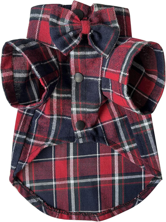 Plaid Dog Shirt,Soft Casual Pet Shirt Clothes, Dog Cotton Shirt with Bow Tie for Wedding,Christmas Costumes (Red&Blue, Large)