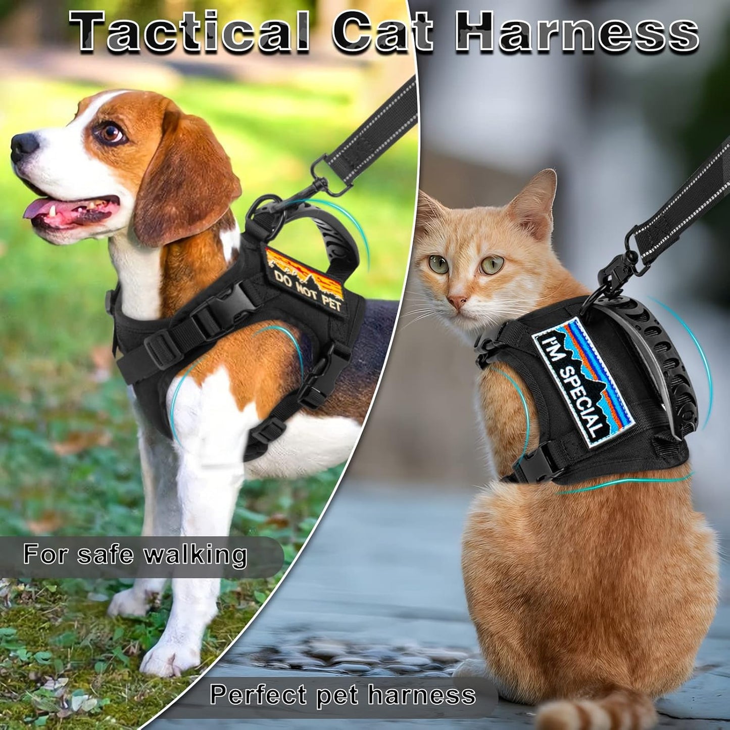 Tactical Cat Harness and Leash for Walking Esacpe Proof,Adjustable Soft Mesh Large Cat Vest with Rubber Handle Easy to Control,Molle Patches