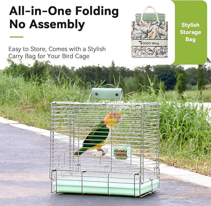 Bird Carrier Travel Cage - 304 Stainless Steel Portable Folding Bird Travel Cage with Parrot Feeder Cups & Standing Perch for Smaller Birds Conures Lovebird Cockatiel Parakeets (Green)