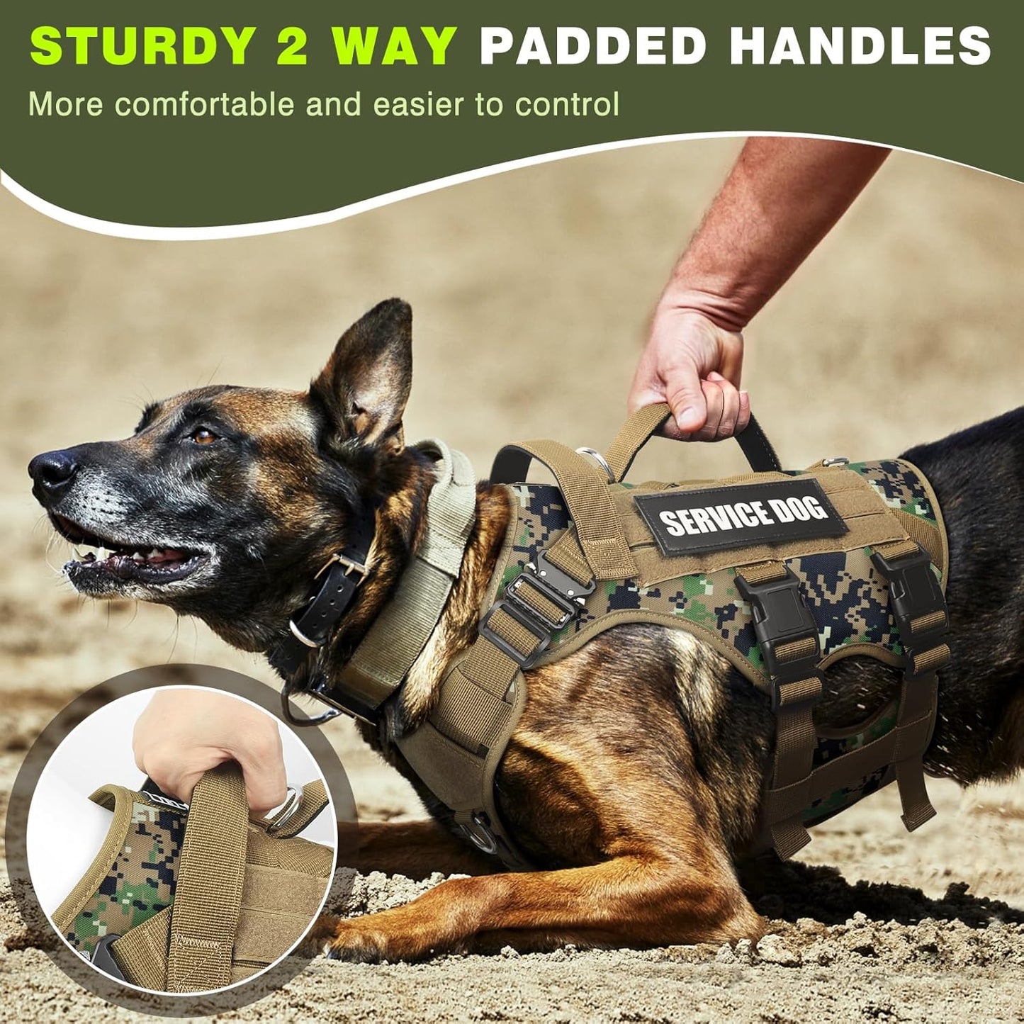 WINSEE Service Dog Vest Harness for Large Dog, Tactical Working MOLLE Vest with 10 Pet Patches, No Pull Heavy Duty Harness for Training Hunting Walking