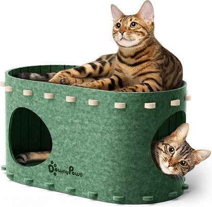 DownyPaws Cat House for Indoor Cats, Cat Bed Cave for Multiple & Large Cats Up to 22 Lbs, Scratch Resistant Peekaboo Cat Caves, Foldable Tunnel Enclosed Bed, PeekaPurr, Forest