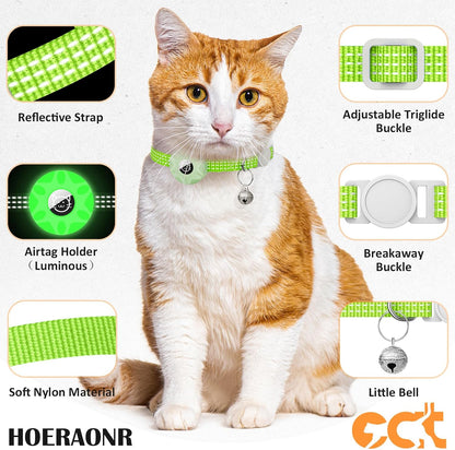 2 Pack Airtag Cat Collar,Reflective Kitten Collar Breakaway with Apple Air Tag Holder and Bell for Girl Boy Cats, Lightweight Adjustable for 7.87-13"" (Luminous Green&Orange)