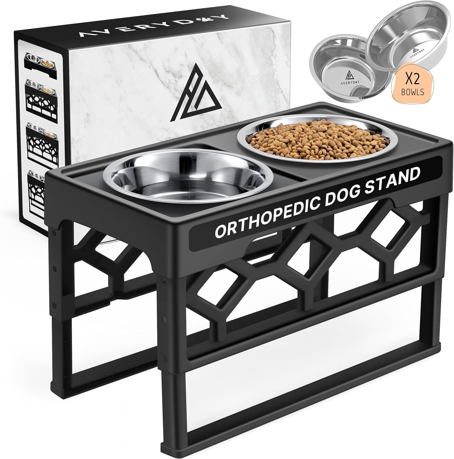 AVERYDAY Large Dog Bowls Elevated, 4 Height Adjustable Raised Dog Bowl Stand with 2 Stainless Steel Food and Water Bowls Set, Tall Dogs Feeding Station with Anti-Slip Base for Medium Large Breeds Dogs