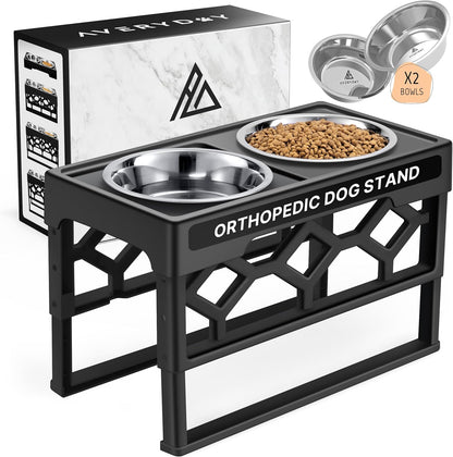 AVERYDAY Large Dog Bowls Elevated, 4 Height Adjustable Raised Dog Bowl Stand with 2 Stainless Steel Food and Water Bowls Set, Tall Dogs Feeding Station with Anti-Slip Base for Medium Large Breeds Dogs
