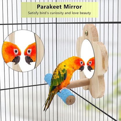 Small Bird Mirror Parrot Swing,Wooden Parakeet Perches Flower Interactive Play Toys for Small Budgies Macaw African Grey Parakeets Lovebird Cockatiel Cage Accessories (S, Wood-1p)