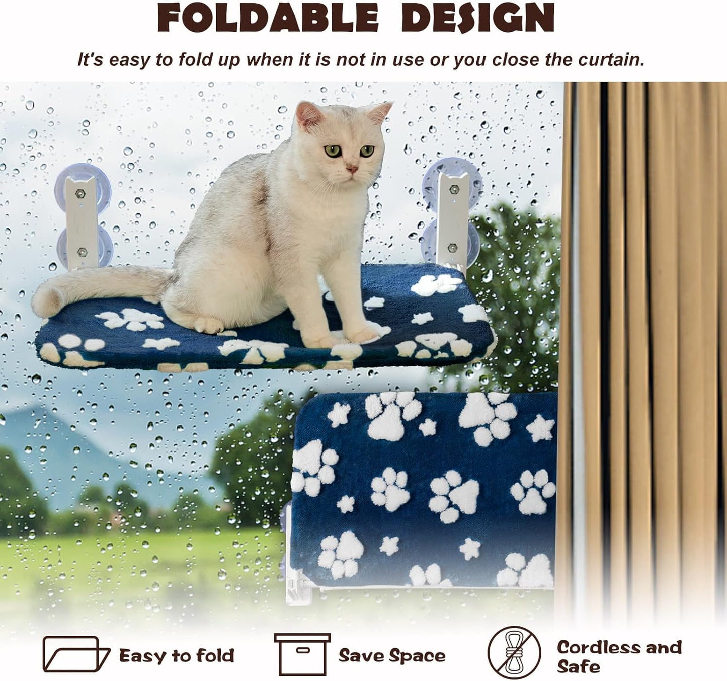 Cat Window Perch, Foldable Cat Window Hammock with Cute 3D Textured Flower Cover and Strong Suction Cups, Cordless Window Seat Bed for Indoor Cats (Navy Paw, Large)