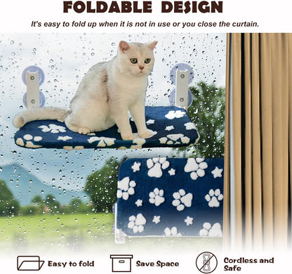 Cat Window Perch, Foldable Cat Window Hammock with Cute 3D Textured Flower Cover and Strong Suction Cups, Cordless Window Seat Bed for Indoor Cats (Navy Paw, Large)