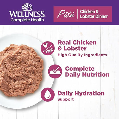 Wellness Complete Health Pate Adult Wet Cat Food, Natural, Protein-Rich, Grain Free, 3 Ounce, 24 Pack, (Chicken & Lobster)