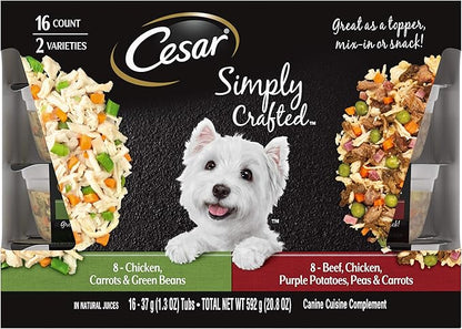 Cesar Simply Crafted Adult Wet Dog Food Meal Topper, Chicken, Carrots & Green Beans and Beef, Chicken, Purple Potatoes, Peas & Carrots Variety Pack, 1.3 oz. (16 Count, Pack of 1)
