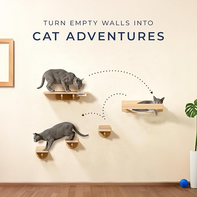 Space-Saving Cat Wall Shelves – Interactive Cat Wall Climber with Hammock & Dog Proof Feeding Station for All Indoor Breeds – Solid Natural Wood with Beige Carpet