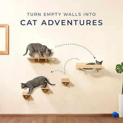 Space-Saving Cat Wall Shelves – Interactive Cat Wall Climber with Hammock & Dog Proof Feeding Station for All Indoor Breeds – Solid Natural Wood with Beige Carpet