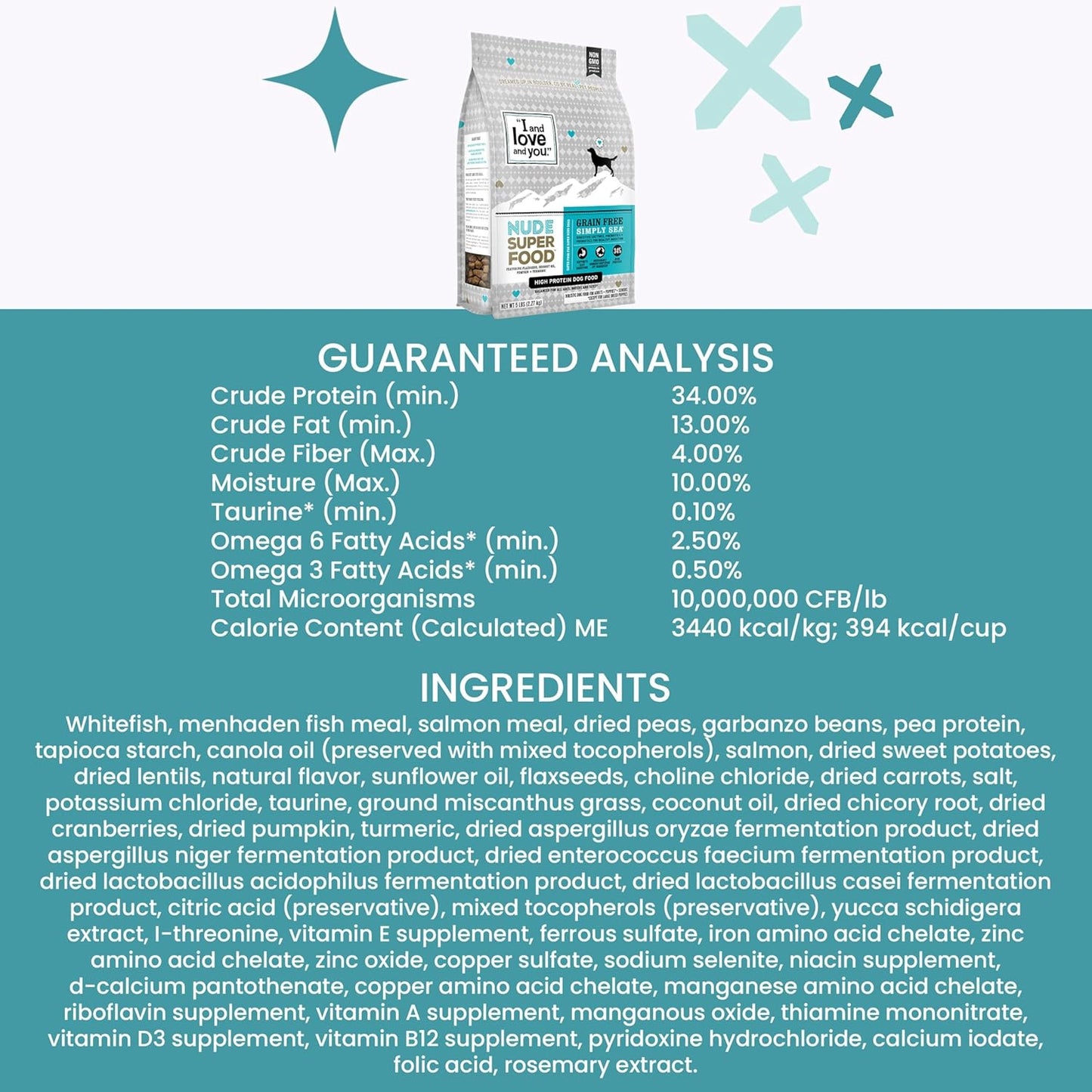 I and love and you Nude Super Food Dry Dog Food - Salmon + Whitefish - Prebiotic + Probiotic, Grain Free, Real Meat, No Fillers, 5lb Bag