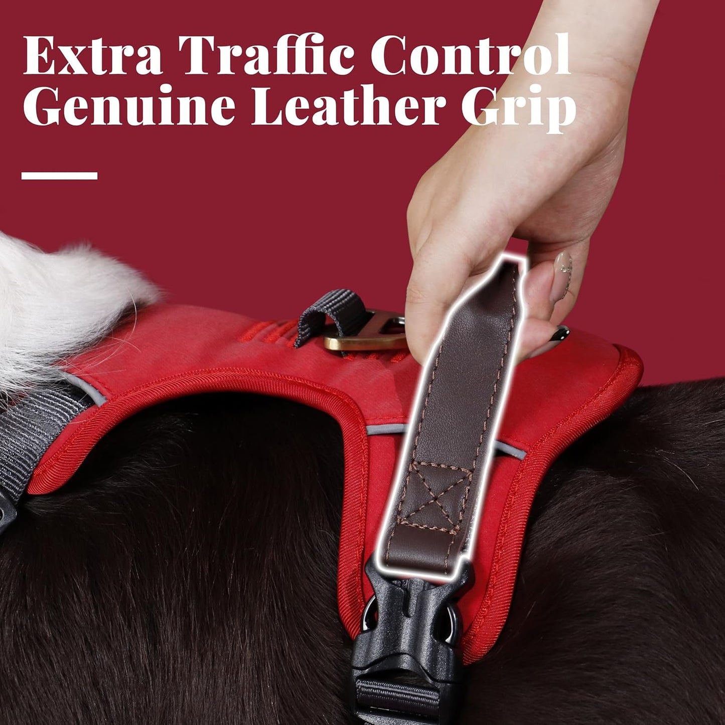 No Pull Dog Harness Medium Sized Dog,Stylish PU Leather Vest with Easy Control Handle,No Choke Front Clip with 2 Metal Leash Clips,Reflective & Adjustable for Walking,Red,Chest 22-29"