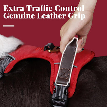 No Pull Dog Harness Small Sized Dog,Stylish PU Leather Vest with Easy Control Handle,No Choke Front Clip with 2 Metal Leash Clips,Reflective & Adjustable for Walking,Red,Chest 19-24"