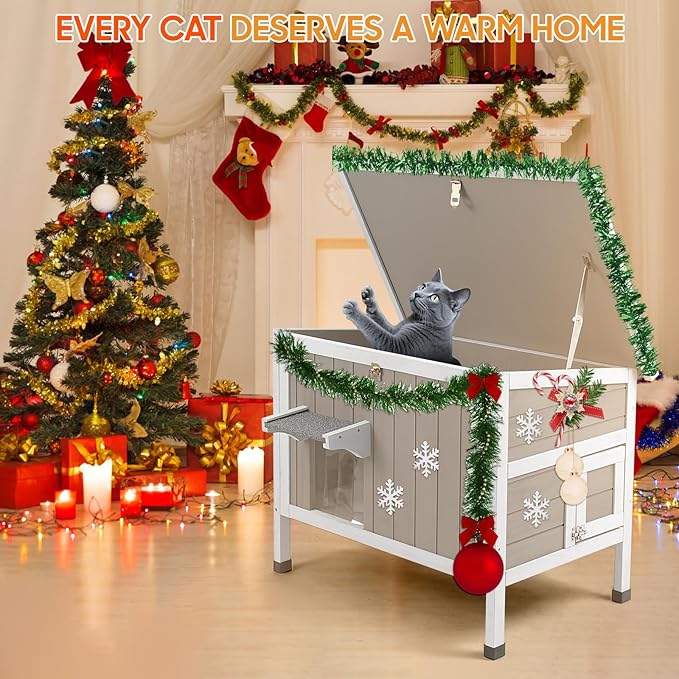 PetsCosset Insulated Cat House Outdoor Weatherproof Feral Cat Shelter for Winter, All-Round Foam Insulation Wooden Pet House for Outdoor Cat with Raised Base, Openable Roof (30.7"L x 21.7"W x 25.6"H)