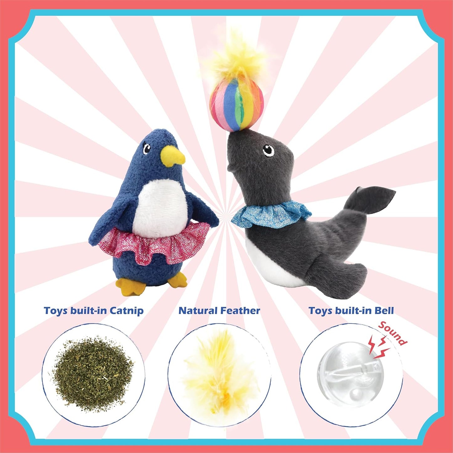 2 Pack Interactive Catnip and Feather Cat Toys, Circus Penguin and Seal Catnip Toys, Accessories for Indoor Cat, Catnip Plush Toys with Natural Feathers and Rattles