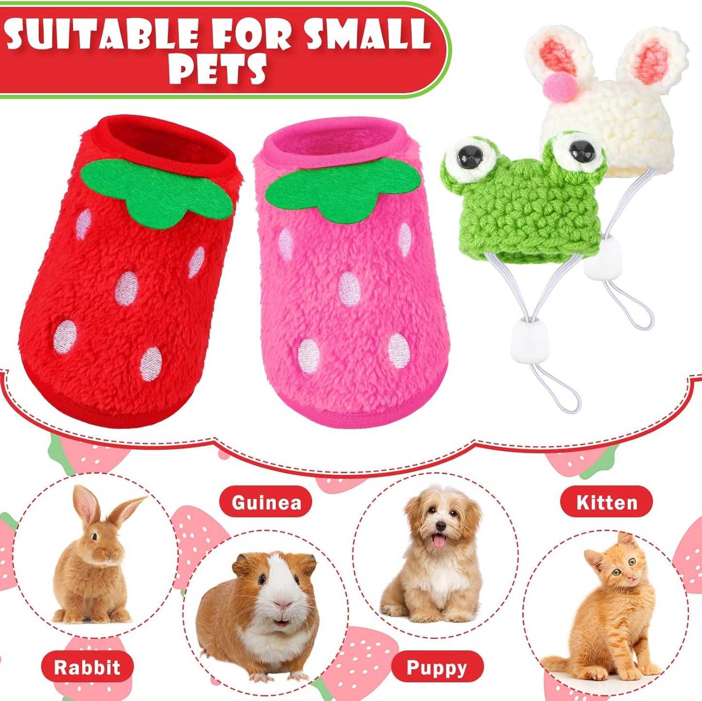 Mixweer 4 Pieces Guinea Pig Stuff Includes 2 Guinea Pig Clothes and 2 Cute Mini Hats with Adjustable Strap Small Animal Warm Vest Cozy Hand Knitted Hat for Hamster Bunny(Frog Style)