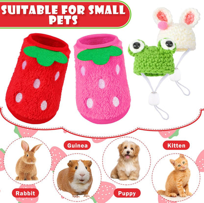 Mixweer 4 Pieces Guinea Pig Stuff Includes 2 Guinea Pig Clothes and 2 Cute Mini Hats with Adjustable Strap Small Animal Warm Vest Cozy Hand Knitted Hat for Hamster Bunny(Frog Style)