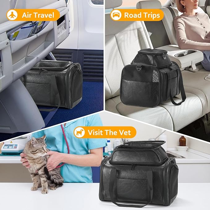 Premium Leather Top Expandable Pet Carrier for Small Dogs & Cats Under 15 lbs, Airline Approved Collapsible Soft-Sided Luxury Travel Bag Black