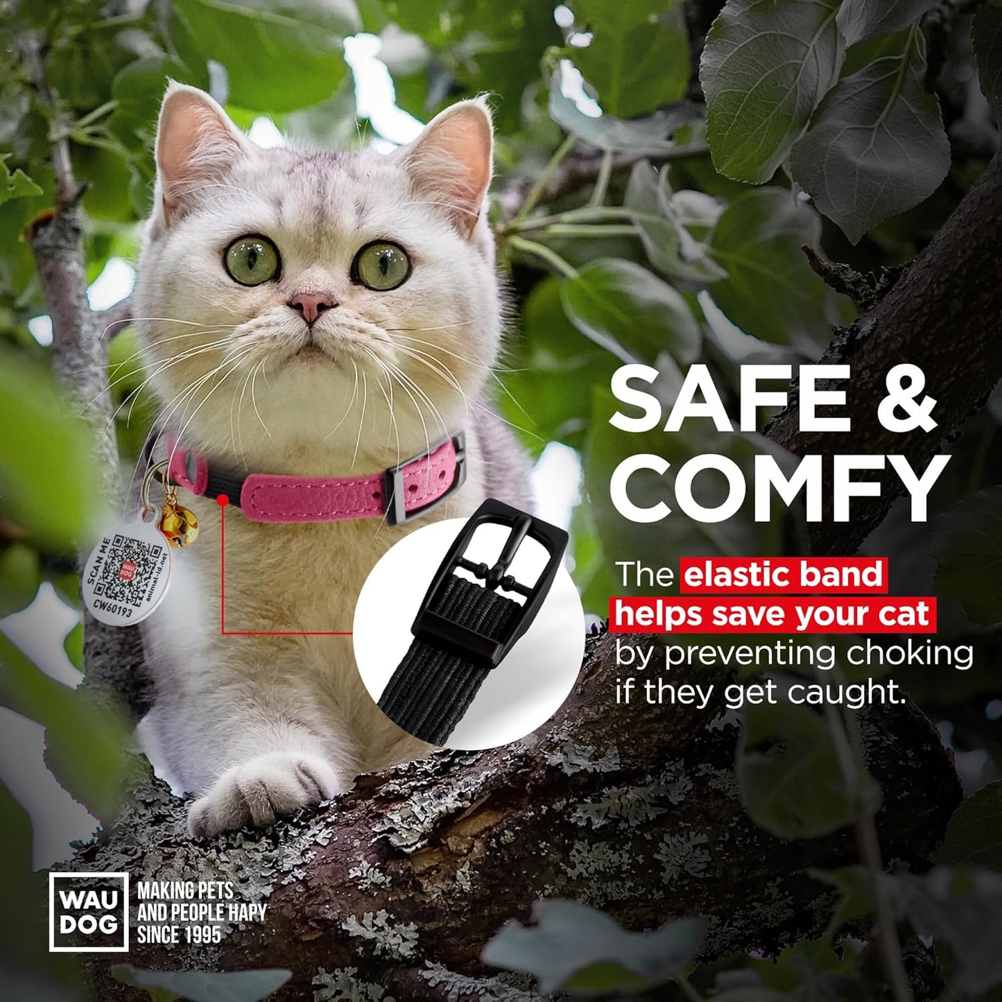 Leather Cat Collar with Bell and Safety Elastic Strap Breakaway Alternative for Small & Large Kittens, Stylish Pet Leather Collar for Boy, Girl Cats with Metal Buckle & QR ID Tag (Pink)