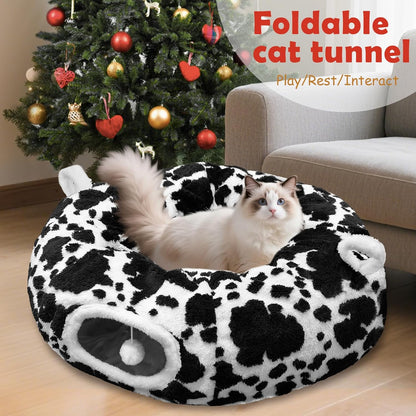 Cat Tunnel Bed for Indoor Cats, Soft Plush Donut Peekaboo Cat Cave, Multifunctional Playground Toy for Small Medium Large Cats, Kittens, Rabbits, Ferrets, with Washable Cushion (Black&White)
