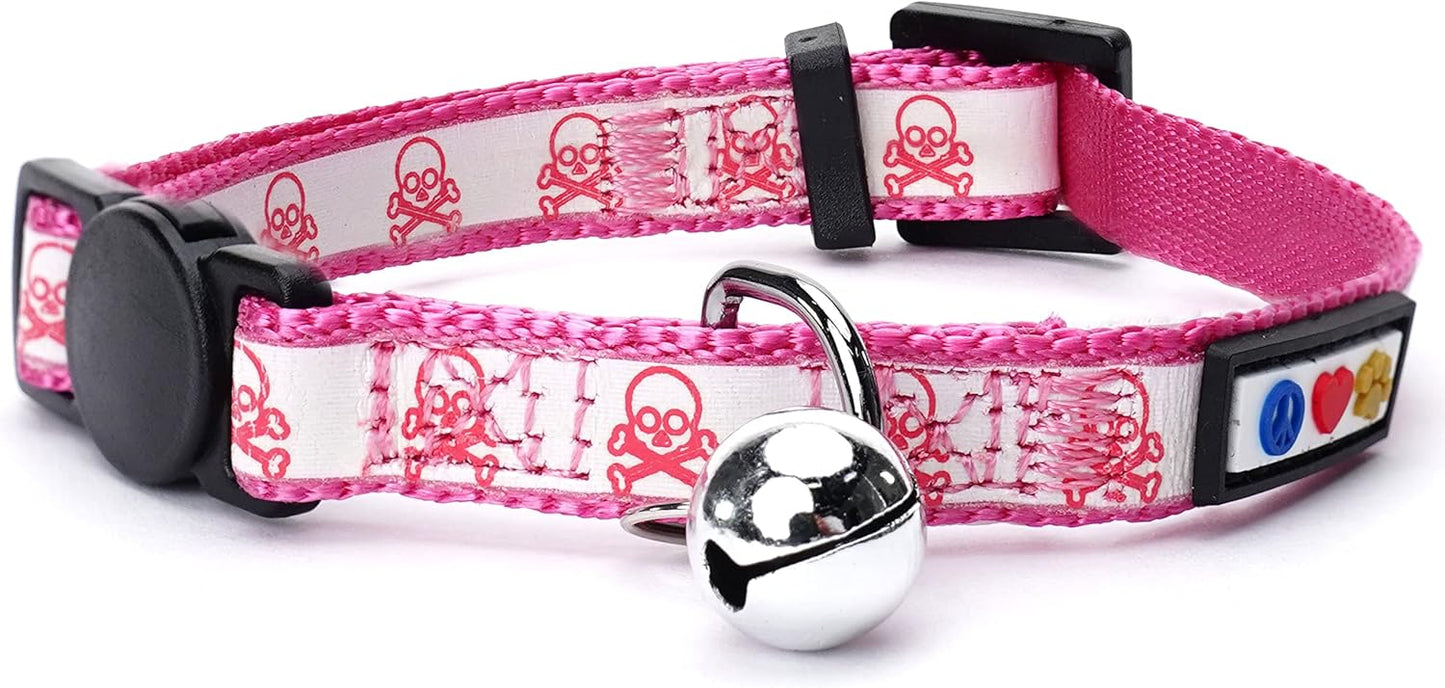 Pawtitas Halloween Cat Collars for Cats Adjustable Collar Glow in The Dark Feature and Safety Breakaway Buckle and Removable Bell to Match Your Halloween Cat's Costume - Pink Skulls Pattern