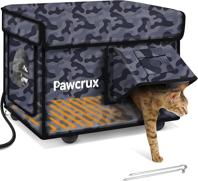Weatherproof Heated Cat House for Outdoor in Winter, Heated Cat Bed Kitty Shelter with Cat Heating Pad, Insulated & Safe Escape Door, Warm Home for Outside Stray Cat