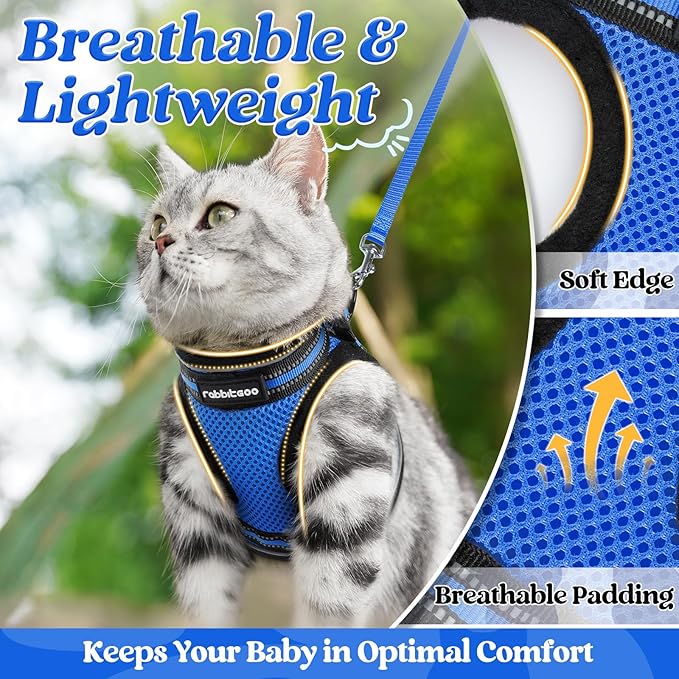 rabbitgoo Cat Harness and Leash Set for Walking Escape Proof, Adjustable Soft Kittens Vest with Reflective Strip for Cats, Comfortable Outdoor Vest, Blue, M