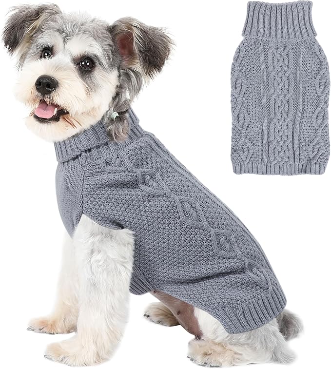 Dog Sweaters Small Dog Clothes Winter Turtleneck Puppy Sweater Warm Pet Cat Sweater Doggy Pullover Outfit with Twisted Design XS~XL(Grey, X-Large)